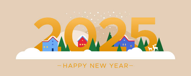 istock Golden 2025 year number with snowly town on a beige background 2178842530