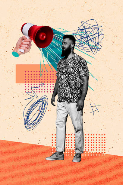istock Vertical composite collage artwork image picture of arm hold loudspeaker mini guy isolated on creative background 2178842715