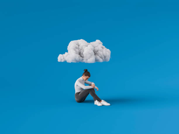 3d rendered image of a sad emoji holding an umbrella and a raining cloud on white background