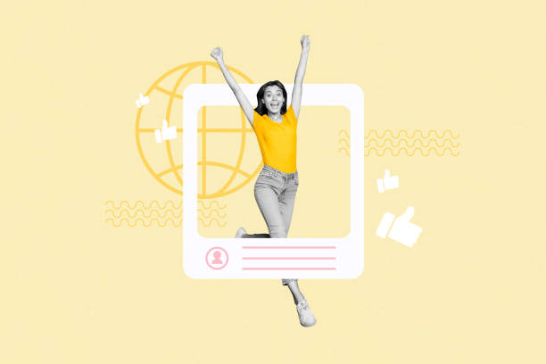 istock Composite trend artwork collage of app image frame blogger like profile young lady walk step thumb reaction influencer global connection 2178843538