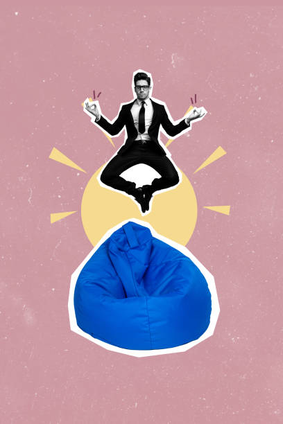 Vertical poster collage young businessman levitate omm meditation self control calmness peace management drawing background