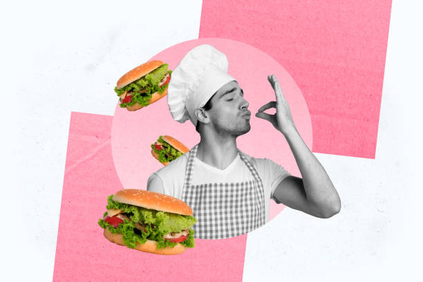 istock Creative collage image young man chef culinary cooker kitchen burger dish american junk food gourmet yummy delicious professional 2178844915