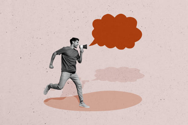istock Composite artwork collage of copyspace chatting texting website monochrome young guy leader hand hold loudspeaker speech cloud proclaim 2178845292