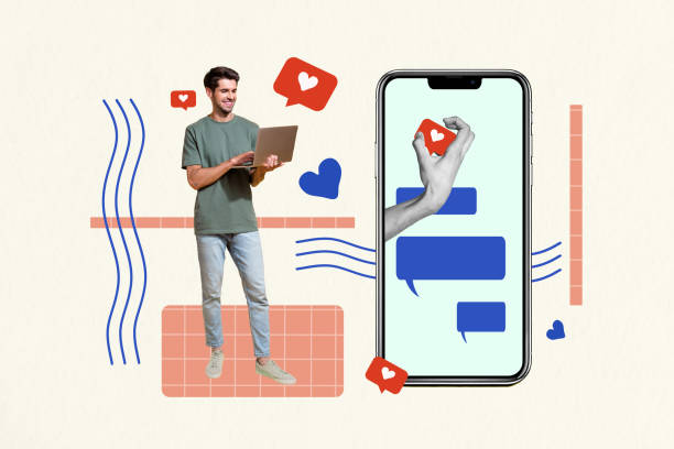 Creative collage image young man laptop blogger content creator smartphone screen display notification like drawing background