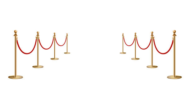 istock Barriers with red rope line. VIP zone, closed event restriction. Realistic image of golden poles with velvet rope. Isolated on white background 2178846220