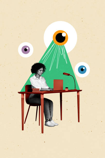 istock Composite trend artwork collage of copyspace monochrome young lady office manager table laptop book paint huge eyes boss watch control 2178846661