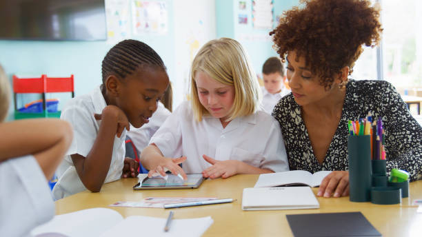 istock Female Teacher With Two Elementary School Pupils Wearing Uniform Using Digital Tablet At Desk 2178846731
