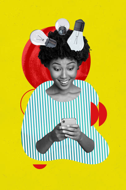 istock Vertical poster collage young cheerful woman browsing smartphone successful idea smart solution eureka invent genius lamp 2178846825