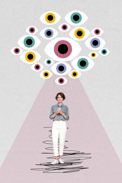 Vertical collage image young girl social media internet user cyber security privacy hacker eyes supervision observe superintendence