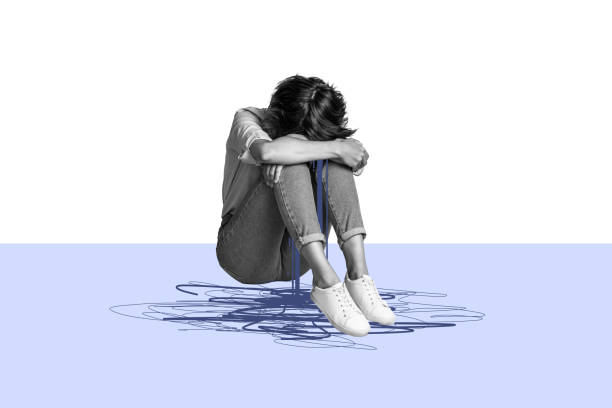 Creative collage image young stressed upset girl cry sit drawing doodles anxiety mental problem disorder psychology treatment session.