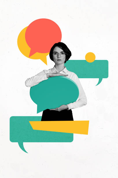 istock Vertical photo collage artwork minimal picture of serious lady holding mind bubble empty space isolated creative background 2178848009