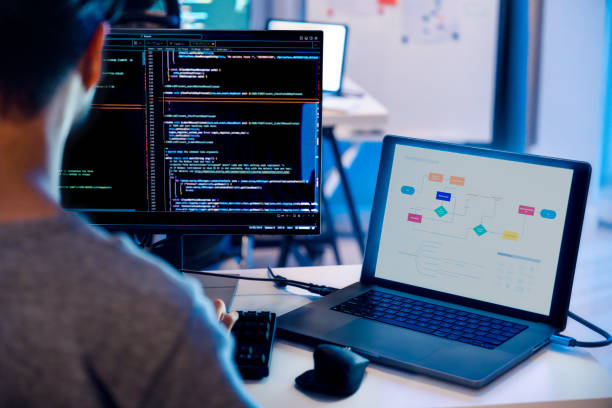 desarrollo de software indio que trabaja en la codificación de la pantalla de la computadora y el diagrama de flujo por la noche en una oficina moderna - programador de informática fotografías e imágenes de stock
