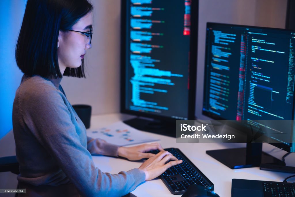 Asian Woman Software Development Working On Coding Computer Screen And ...