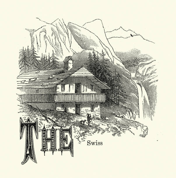 Swiss chalet, Switzerland, Victorian 19th Century, Vintage illustration