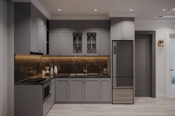 istock Elegant Grey Kitchen with Marble Backsplash and Modern Appliances 2178857641