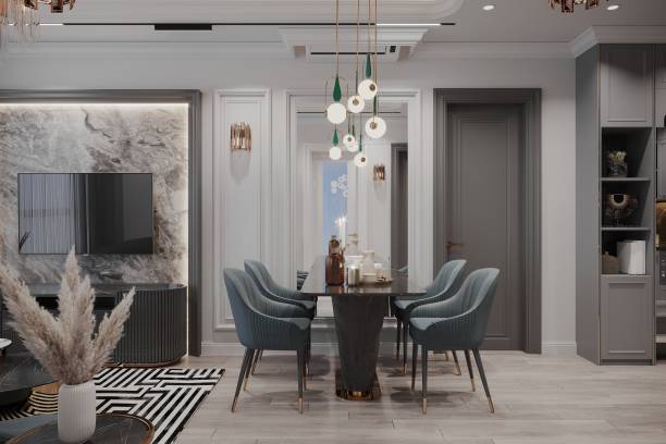 istock Elegant Modern Dining Room with Blue Chairs and Marble Accent Wall 2178857650