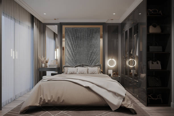 istock Luxury Modern Bedroom Interior with Velvet Headboard, Soft Lighting, and Elegant Design 2178857659