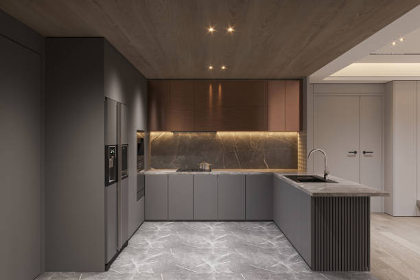 istock Luxury Modern Kitchen with Marble Backsplash and Sleek Cabinet Design 2178857679
