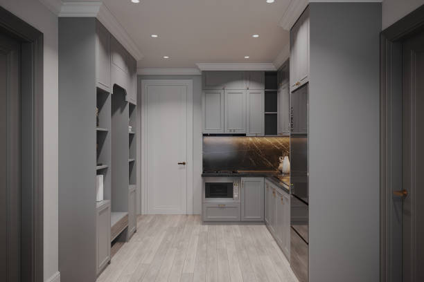istock Modern Grey Kitchen Interior with Marble Backsplash and Custom Cabinetry 2178857729