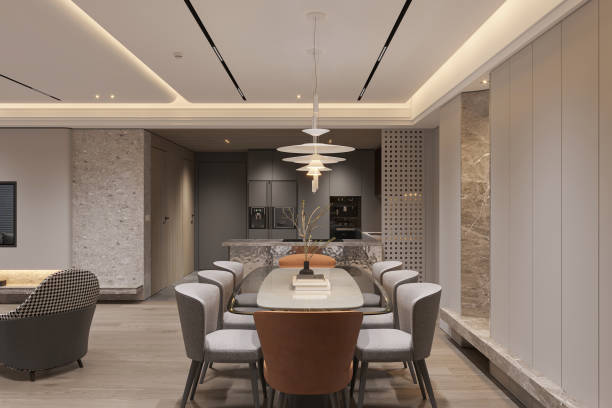 istock Modern Luxury Dining Room with Minimalist Lighting and Marble Accents 2178857794