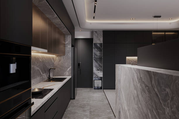 istock Modern Luxury Kitchen with Marble Countertops and Sleek Dark Cabinets 2178857798