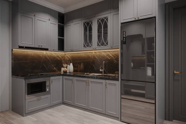 istock Modern Luxury Kitchen Interior with Grey Cabinets, Marble Backsplash, and Built-In Appliances 2178857801