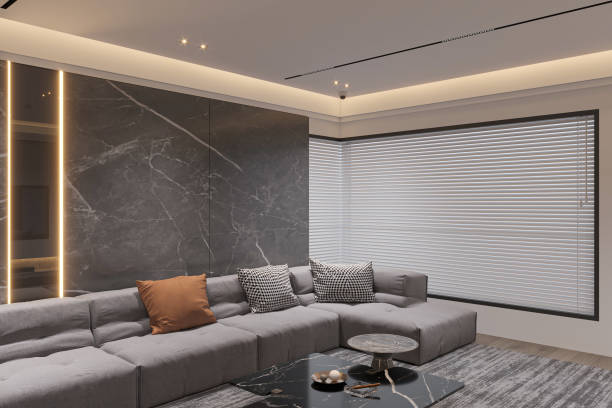 istock Modern Luxury Living Room with Marble Accent Wall and Cozy Sofa 2178857807
