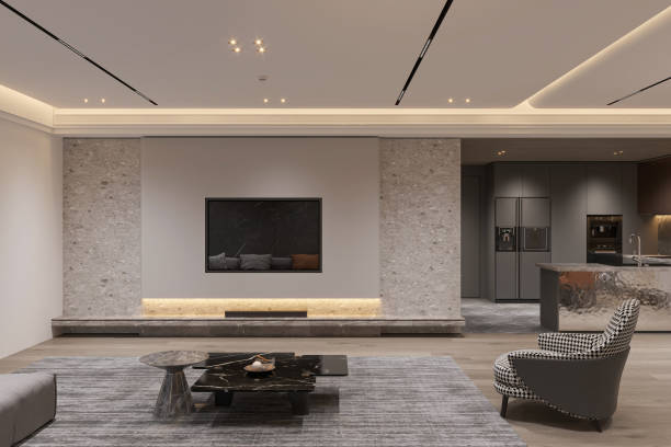 istock Modern Luxury Living Room with Marble Coffee Table and Built-In Fireplace 2178857818