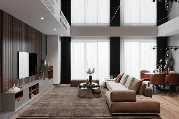 istock Modern Open-Plan Living Room with Large Windows and Minimalist Decor 2178857852