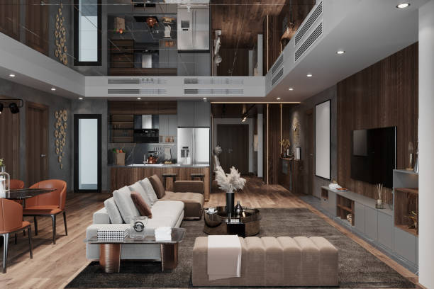 istock Modern Open-Concept Living Room and Kitchen with Loft Design 2178857853