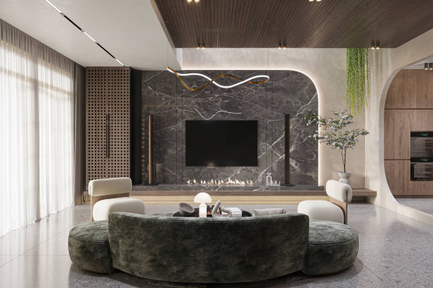 istock Luxury Modern Living Room with Marble Accent Wall and Cozy Fireplace 2178857962