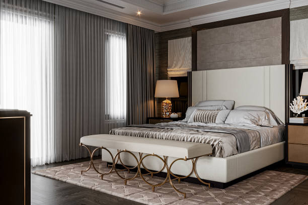 istock Luxury Bedroom with Elegant Upholstered Bed and Gold Accent Decor 2178857964