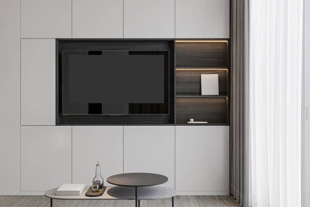 istock Minimalist Modern Living Room with Built-In Shelving and Digital Wall Clock Display 2178858000