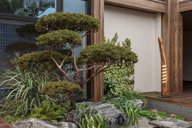 istock Modern Zen Garden with Sculpted Pine Trees, Water Feature, and Contemporary Lighting 2178858007