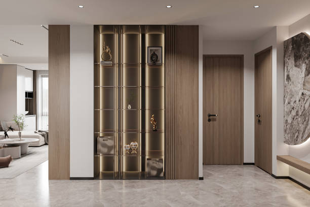 istock Modern Luxury Hallway with Illuminated Display Shelves and Contemporary Design 2178858040