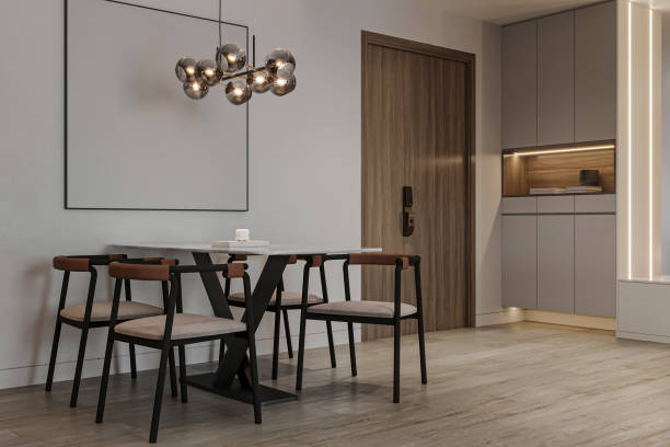 istock Modern Minimalist Dining Room with Contemporary Lighting and Sleek Design Elements 2178858074