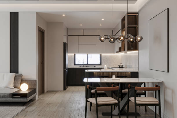 istock Modern Minimalist Kitchen and Dining Room Interior Design with Sleek Lighting 2178858078