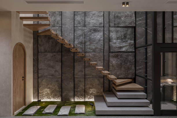 istock Modern Floating Staircase with Industrial Wall Design in Contemporary Home 2178858574