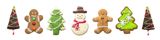 Christmas cookies set, snowman, gingerbread, X'mas tree isolated on white background with clipping path for Xmas party holiday homemade  food design decoration template