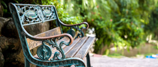 istock Retro bench. Bench with forged lace handles. Copy space. 2178863521