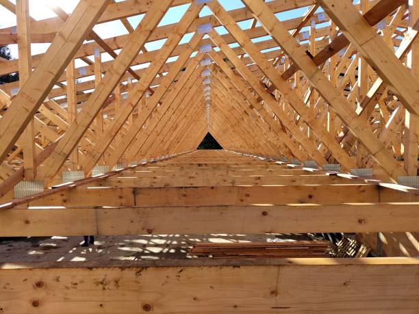 Interior view of interconnected trusses forming a robust wooden frame, capturing the depth and intricate arrangement of the construction.