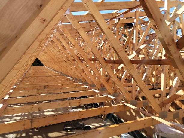 istock Wooden trusses arranged in a repetitive pattern, creating a tunnel-like effect in a large construction project 2178866428