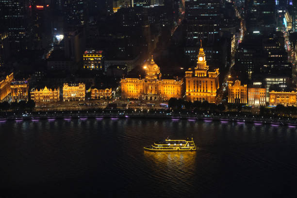 High angle view of the Bund viewed from the iconic Oriental Pearl Tower at night, China