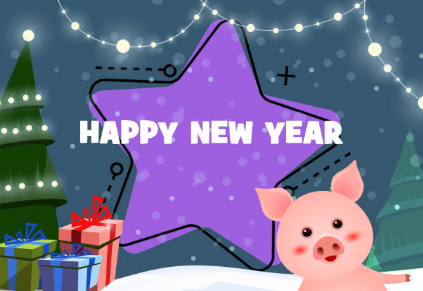 istock New Year festive poster design with cute piggy 2178899144