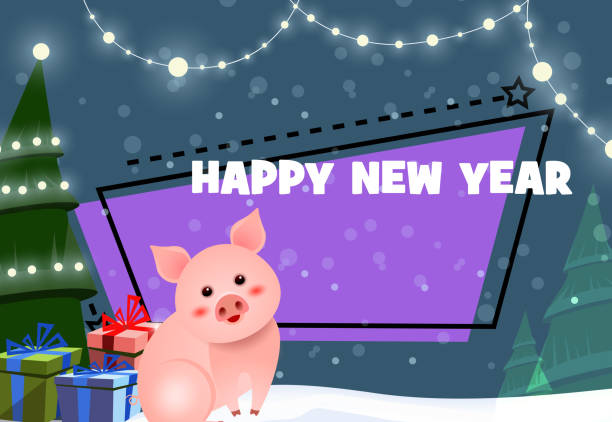 istock New Year festive poster design. Cute piggy 2178899449