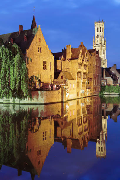 night time view of the Rosary Quay - Rozenhoedkaai (Bruges, Belgium).