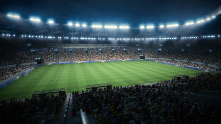 Aerial Establishing Shot of a Whole Stadium with Soccer Championship Match. Crowds of Fans Cheer. Football Tournament, Cup Broadcast. Sport Channel Television Playback, Screen Content