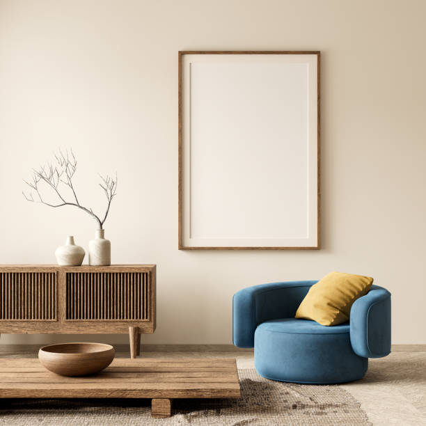 istock Mock up poster frame in boho style decorated livinig room. Modern, authentic Interior design of living room with wooden furnitures. 3D illustration 2178934084