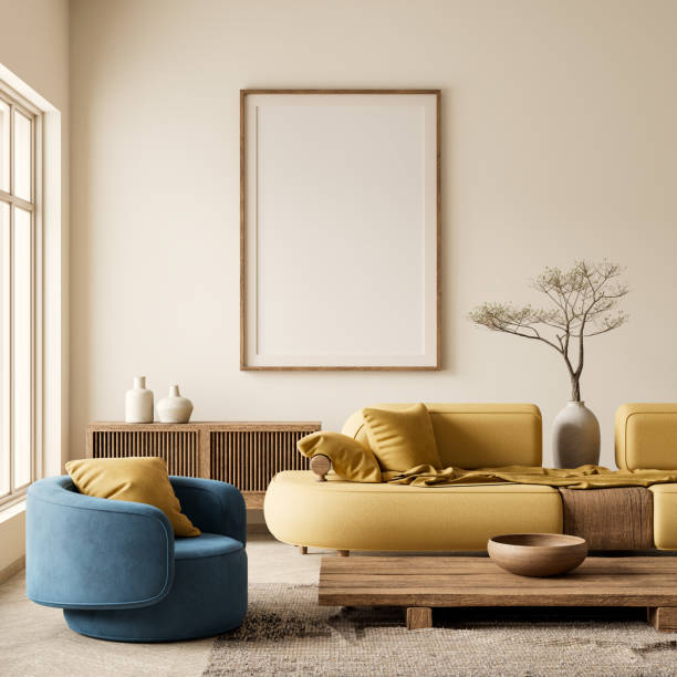 istock Mock up poster frame in boho style decorated livinig room. Modern, authentic Interior design of living room with wooden furnitures. 3D illustration 2178934349