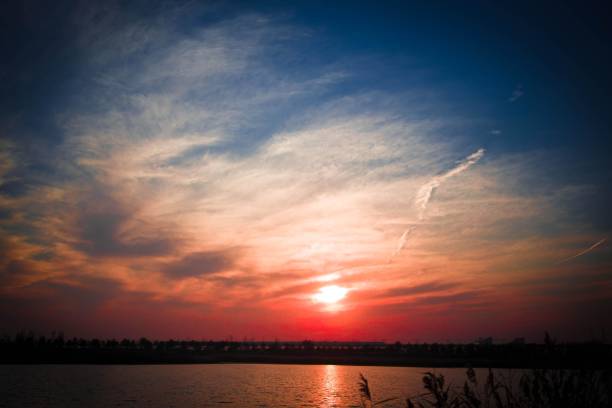 Sunset over a lake with a colorful sky
